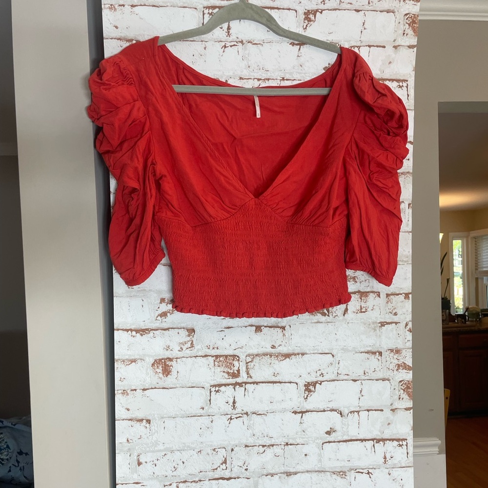 Free People Red Ruched Sleeve Blouse